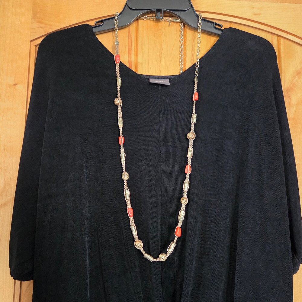 Chico's Long Goldtone and Macrame Boho Necklace with Chunky Beads